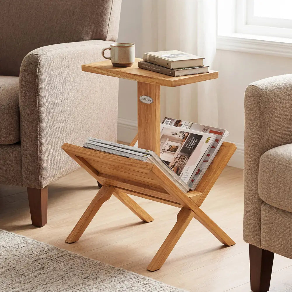 2-Tier Side Table Magazine Rack with Teak Wood Frame - End & Side Tables