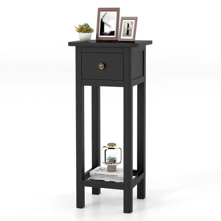 2 Tier Slim Nightstand Bedside Table with Drawer Shelf-Black Costway