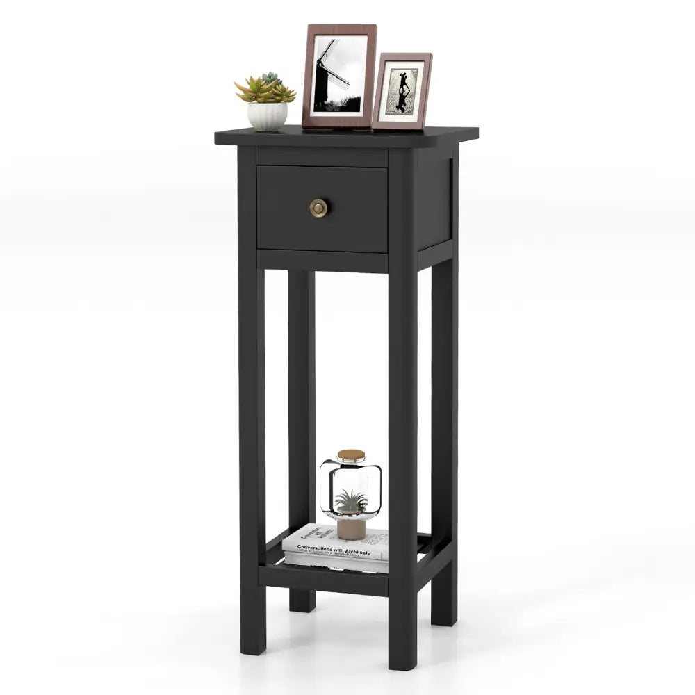 2 Tier Slim Nightstand Bedside Table with Drawer Shelf-Black Costway