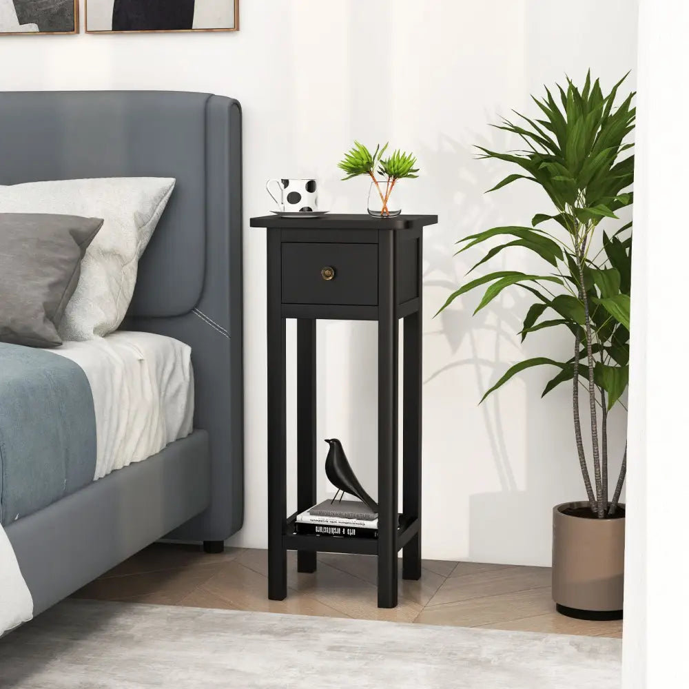 2 Tier Slim Nightstand Bedside Table with Drawer Shelf-Black Costway