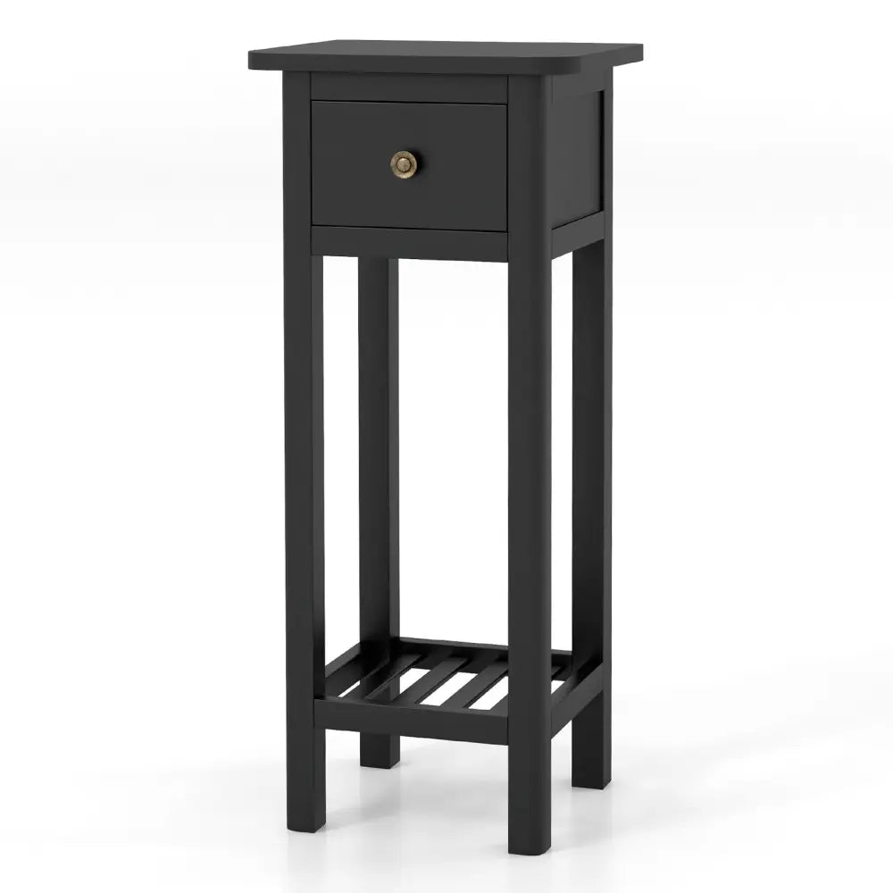 2 Tier Slim Nightstand Bedside Table with Drawer Shelf-Black Costway