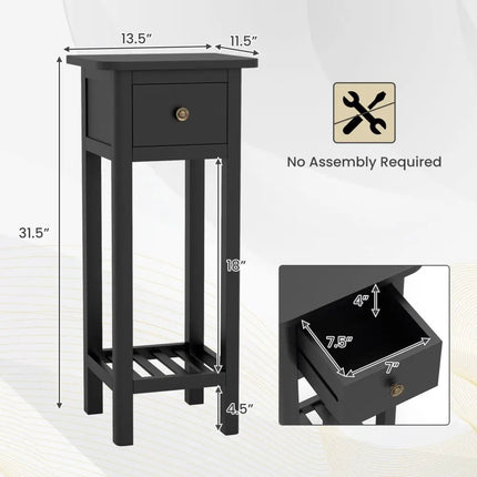 2 Tier Slim Nightstand Bedside Table with Drawer Shelf-Black Costway