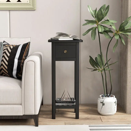 2 Tier Slim Nightstand Bedside Table with Drawer Shelf-Black Costway