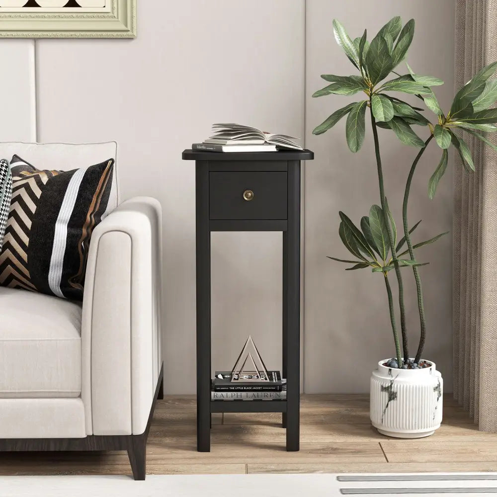 2 Tier Slim Nightstand Bedside Table with Drawer Shelf-Black Costway
