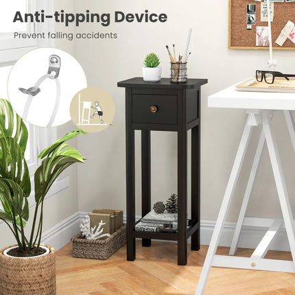 2 Tier Slim Nightstand Bedside Table with Drawer Shelf-Black Costway