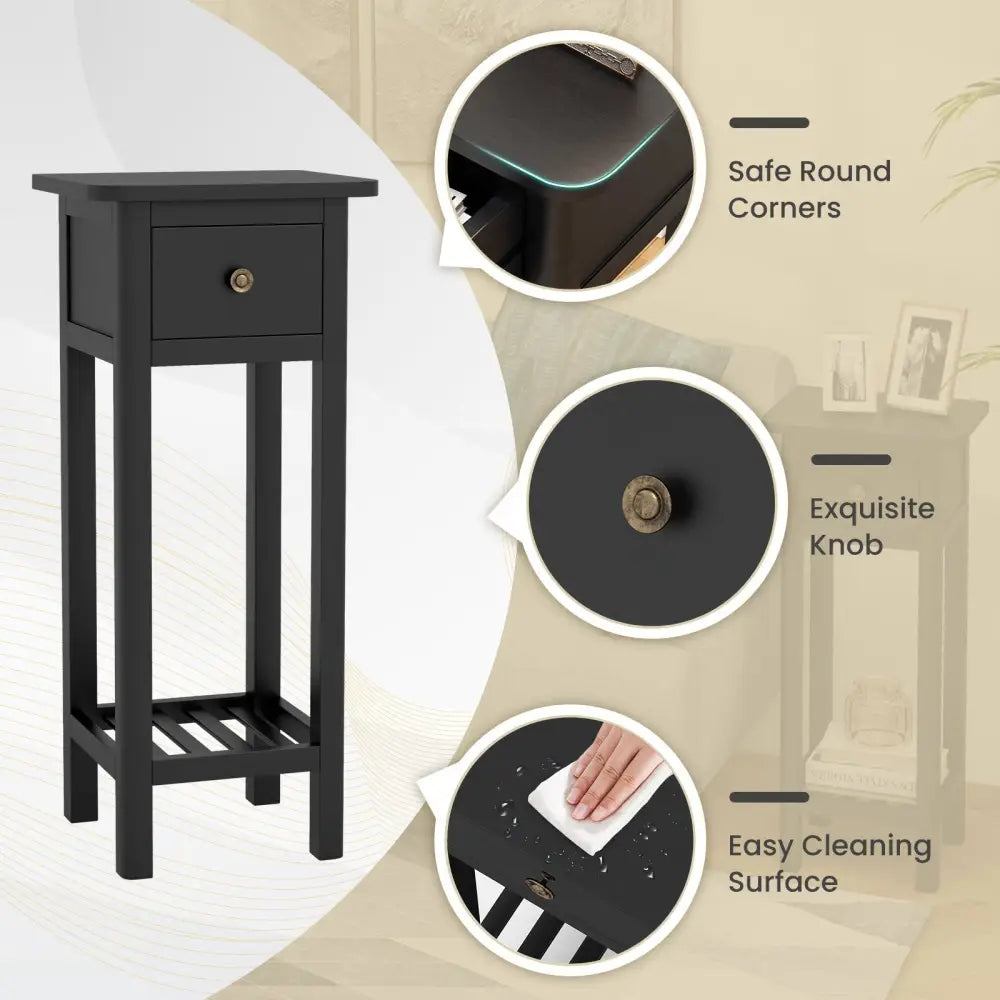 2 Tier Slim Nightstand Bedside Table with Drawer Shelf-Black Costway