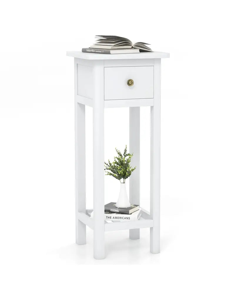 2 Tier Slim Nightstand Bedside Table with Drawer Shelf-White - White - Nightstands