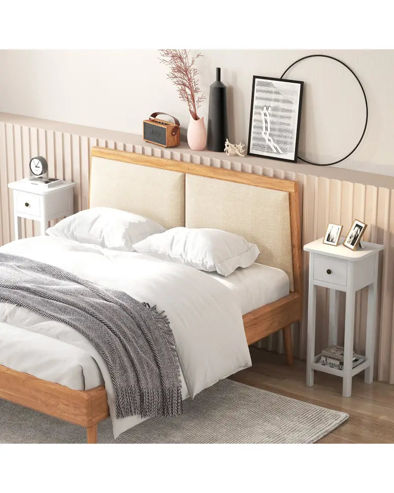 2 Tier Slim Nightstand Bedside Table with Drawer Shelf-White - White - Nightstands