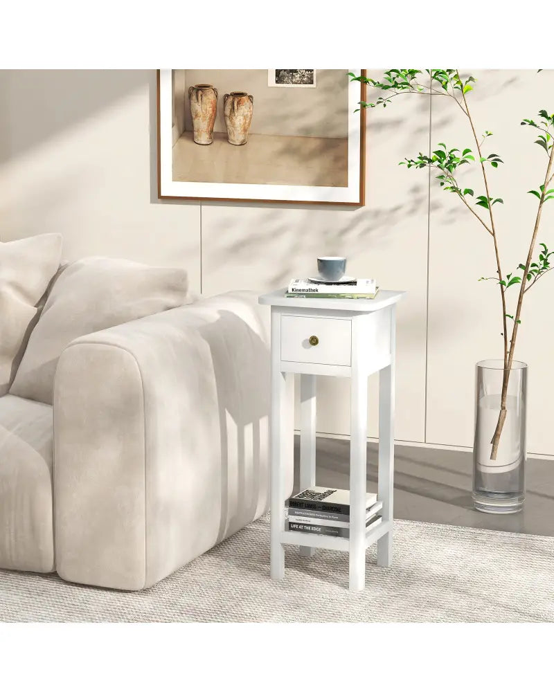 2 Tier Slim Nightstand Bedside Table with Drawer Shelf-White - White - Nightstands