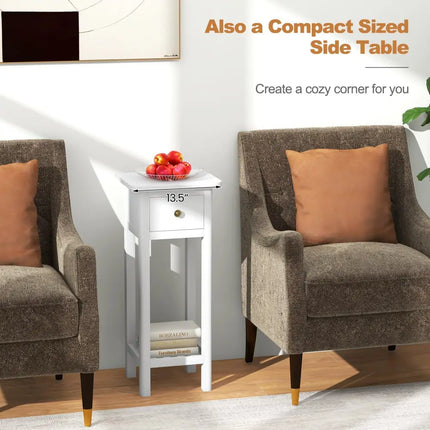 2 Tier Slim Nightstand Bedside Table with Drawer Shelf-White Costway