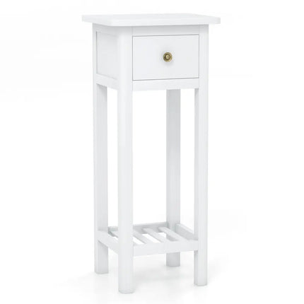 2 Tier Slim Nightstand Bedside Table with Drawer Shelf-White Costway
