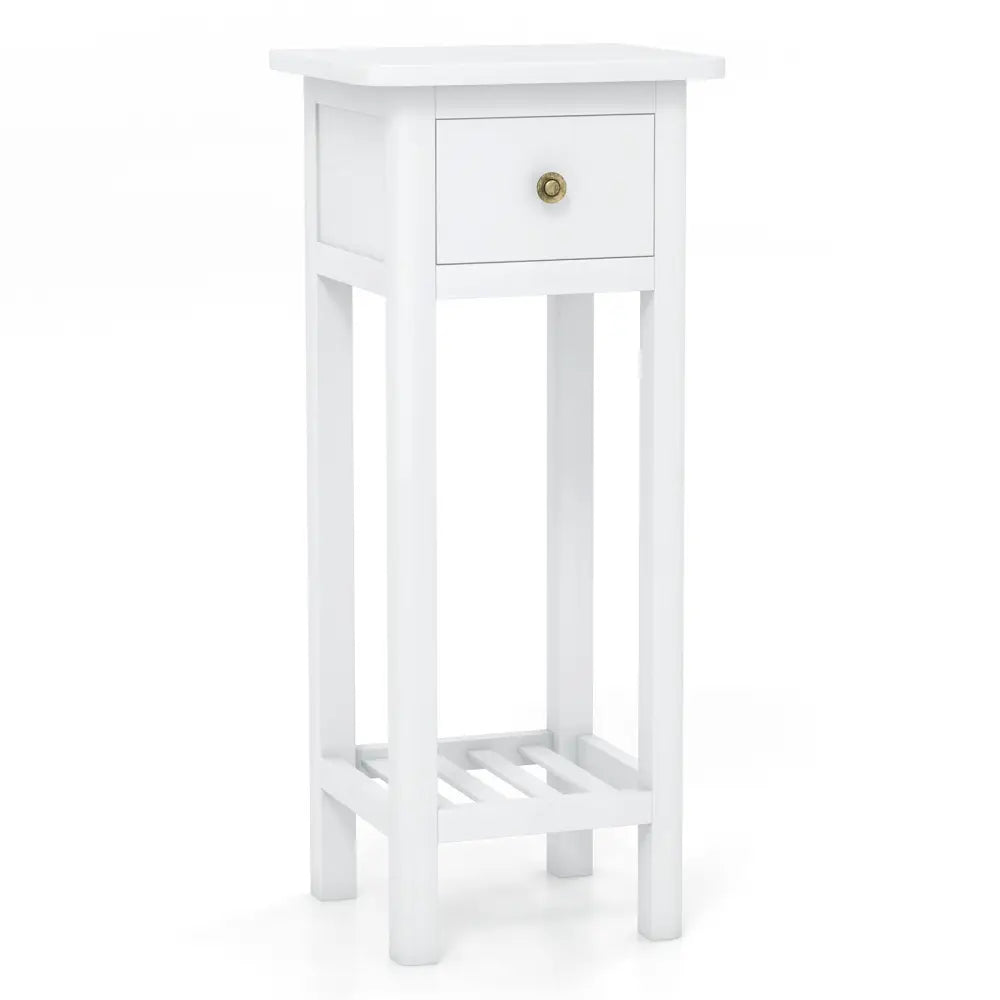 2 Tier Slim Nightstand Bedside Table with Drawer Shelf-White Costway
