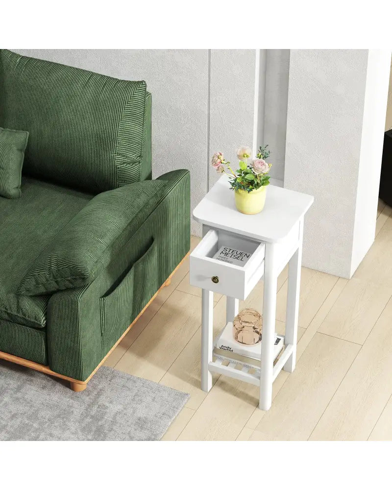 2 Tier Slim Nightstand Bedside Table with Drawer Shelf-White - White - Nightstands