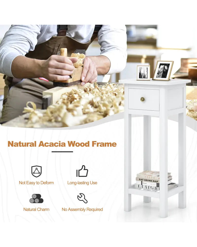 2 Tier Slim Nightstand Bedside Table with Drawer Shelf-White - White - Nightstands