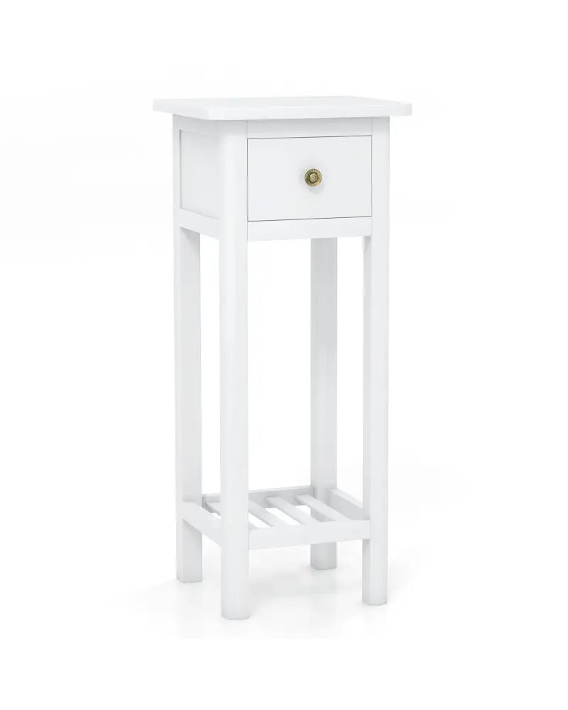 2 Tier Slim Nightstand Bedside Table with Drawer Shelf-White - White - Nightstands