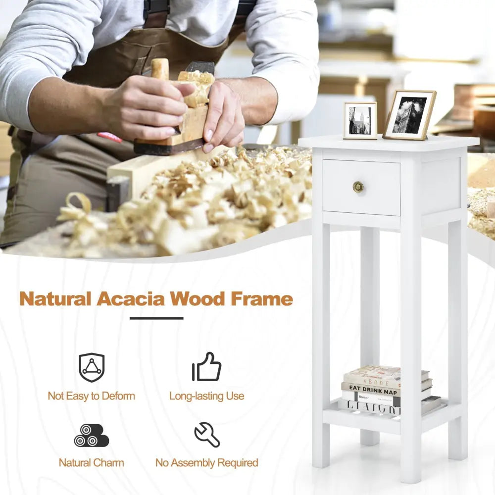 2 Tier Slim Nightstand Bedside Table with Drawer Shelf-White Costway