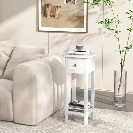 2 Tier Slim Nightstand Bedside Table with Drawer Shelf-White Costway