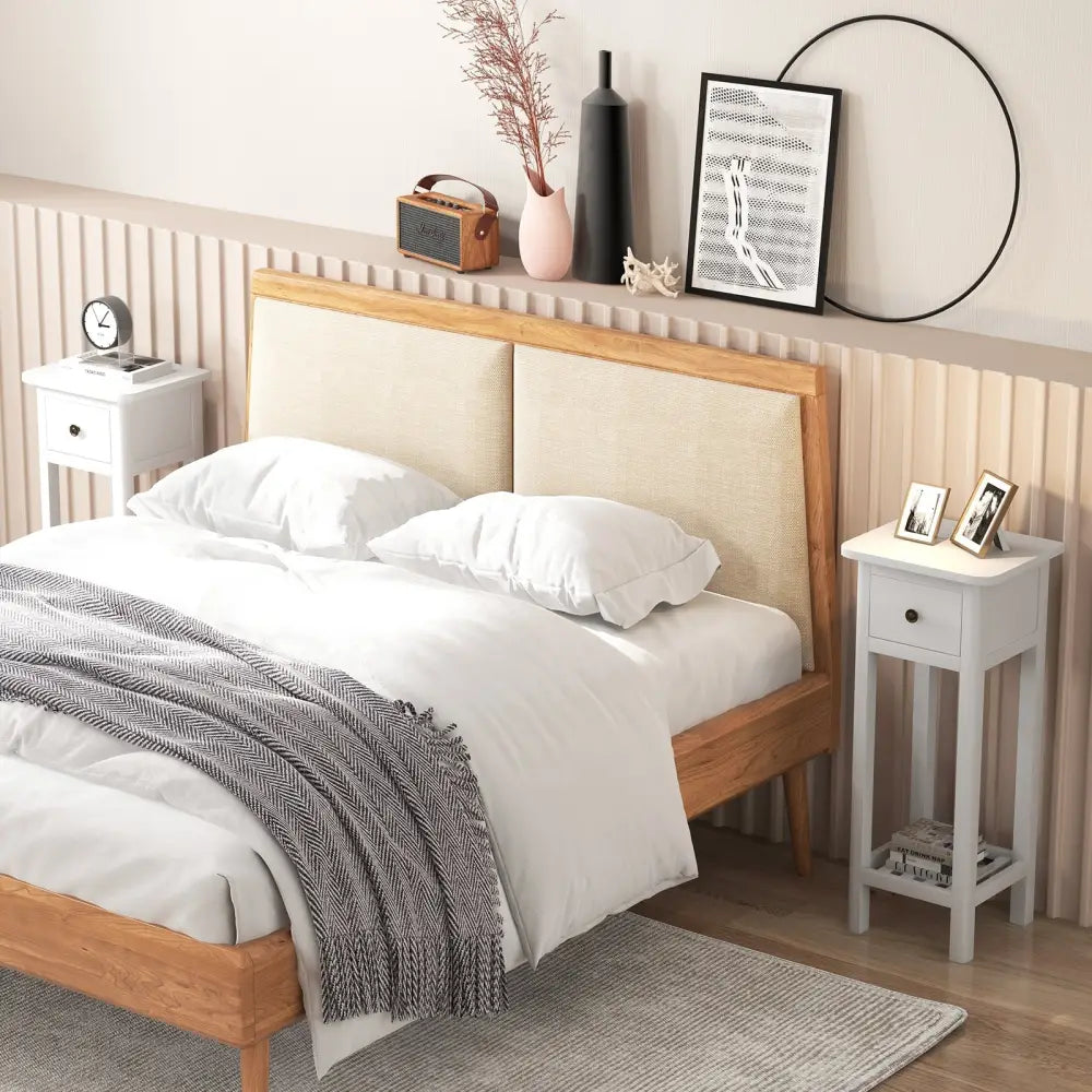 2 Tier Slim Nightstand Bedside Table with Drawer Shelf-White Costway
