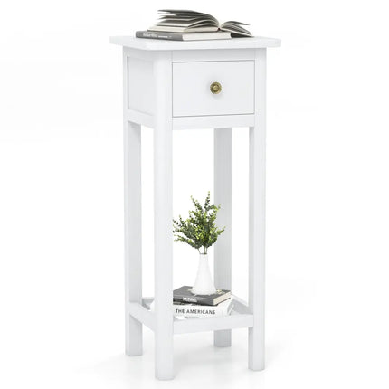 2 Tier Slim Nightstand Bedside Table with Drawer Shelf-White Costway