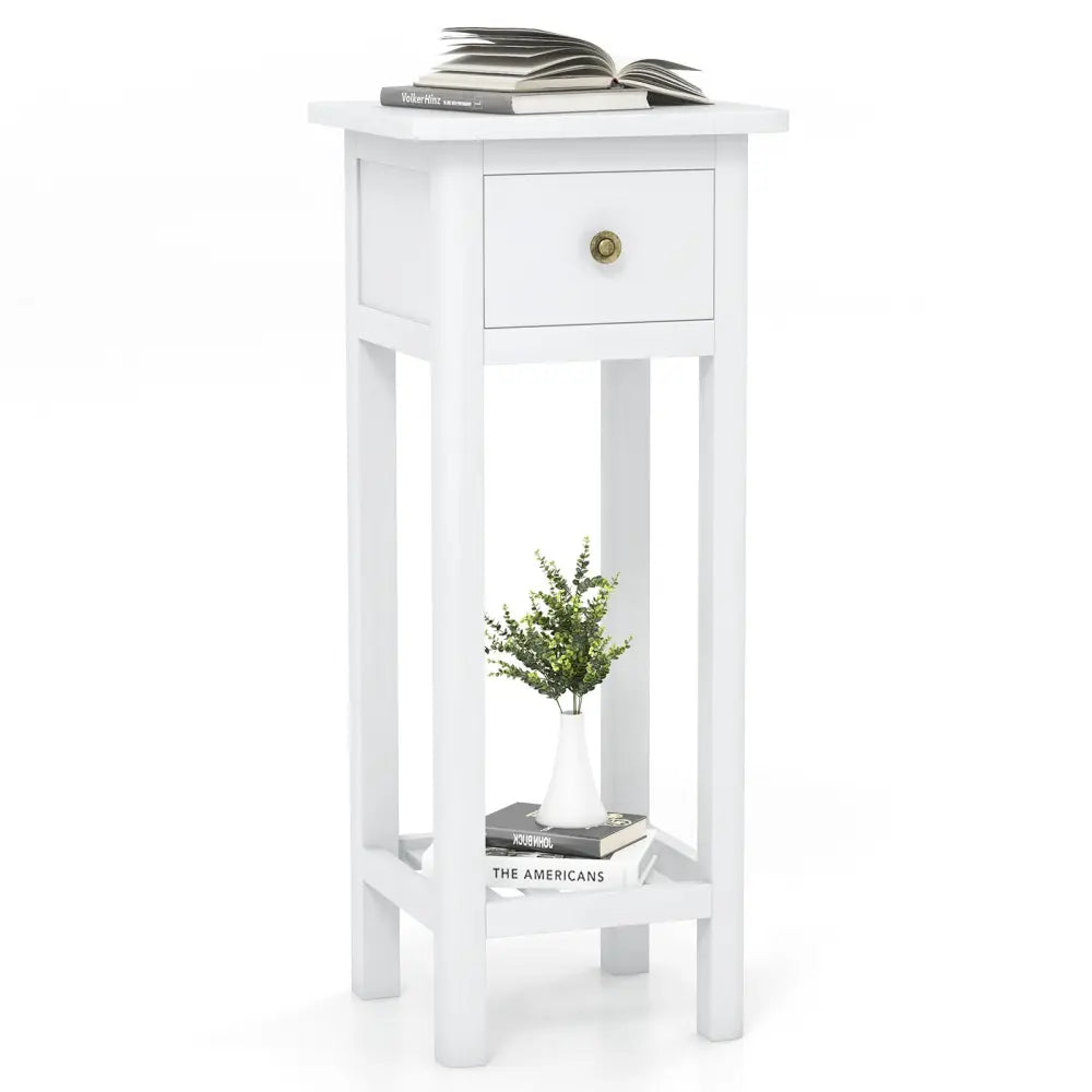 2 Tier Slim Nightstand Bedside Table with Drawer Shelf-White Costway