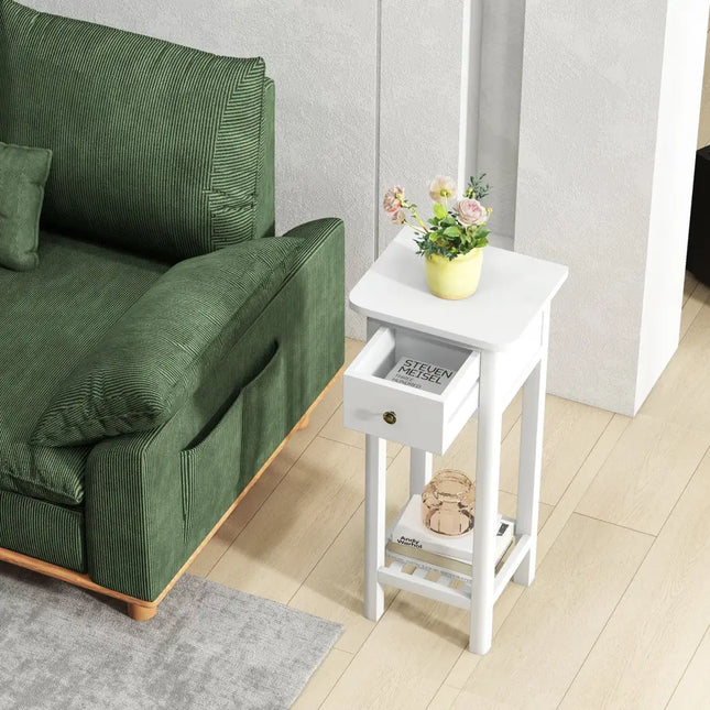 2 Tier Slim Nightstand Bedside Table with Drawer Shelf-White Costway