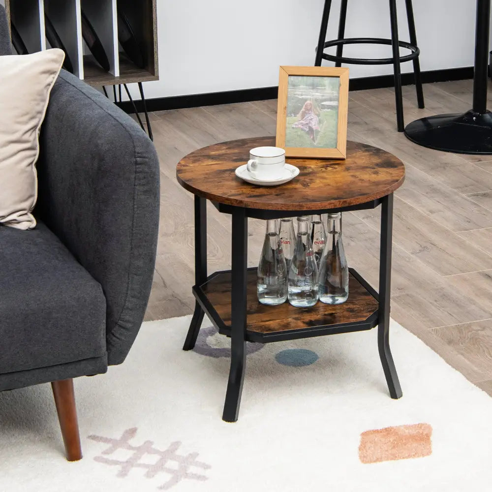 2-Tier Sofa End Side Table Nightstand Round Tabletop for Living Room-Brown - Brown - End & Side Tables
