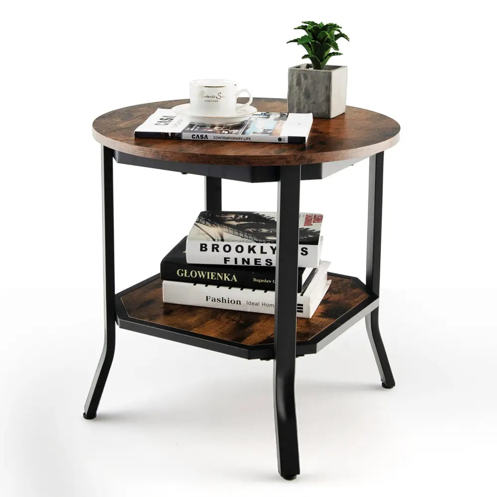 2-Tier Sofa End Side Table Nightstand Round Tabletop for Living Room-Brown - Brown - End & Side Tables