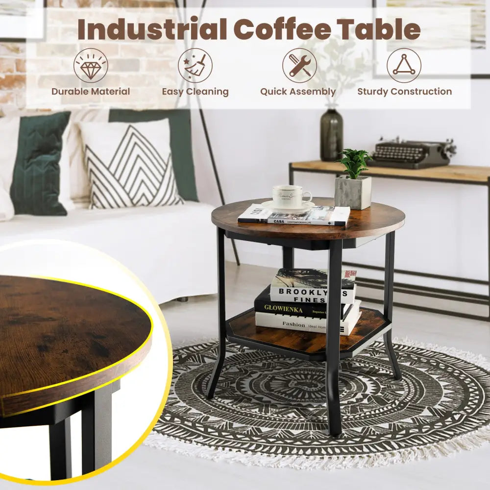 2-Tier Sofa End Side Table Nightstand Round Tabletop for Living Room-Brown - Brown - End & Side Tables