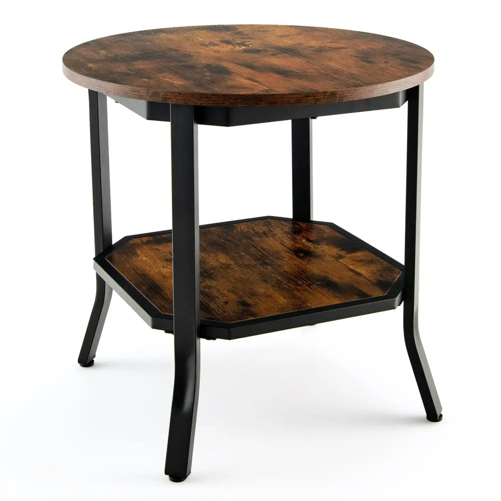 2-Tier Sofa End Side Table Nightstand Round Tabletop for Living Room-Brown - Brown - End & Side Tables