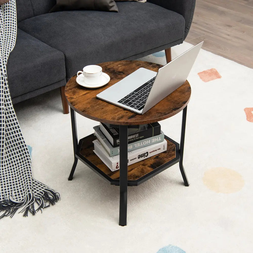 2-Tier Sofa End Side Table Nightstand Round Tabletop for Living Room-Brown - Brown - End & Side Tables