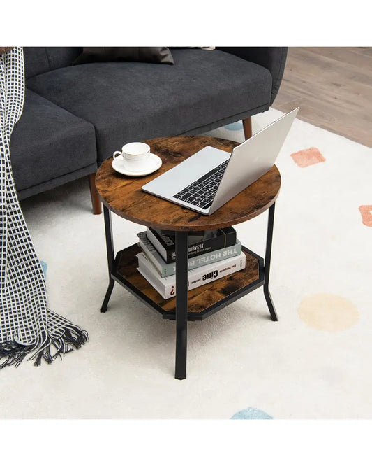 2-Tier Sofa End Side Table Nightstand Round Tabletop for Living Room-Brown - Brown - End & Side Tables