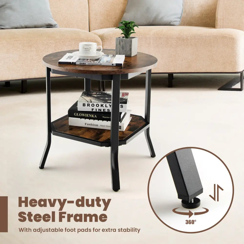 2-Tier Sofa End Side Table Nightstand Round Tabletop for Living Room-Brown - Brown - End & Side Tables