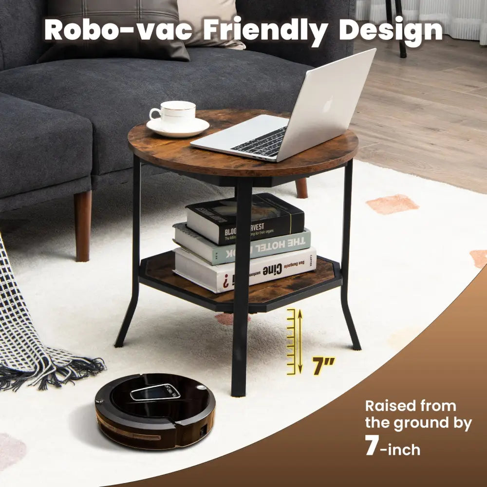 2-Tier Sofa End Side Table Nightstand Round Tabletop for Living Room-Brown - Brown - End & Side Tables