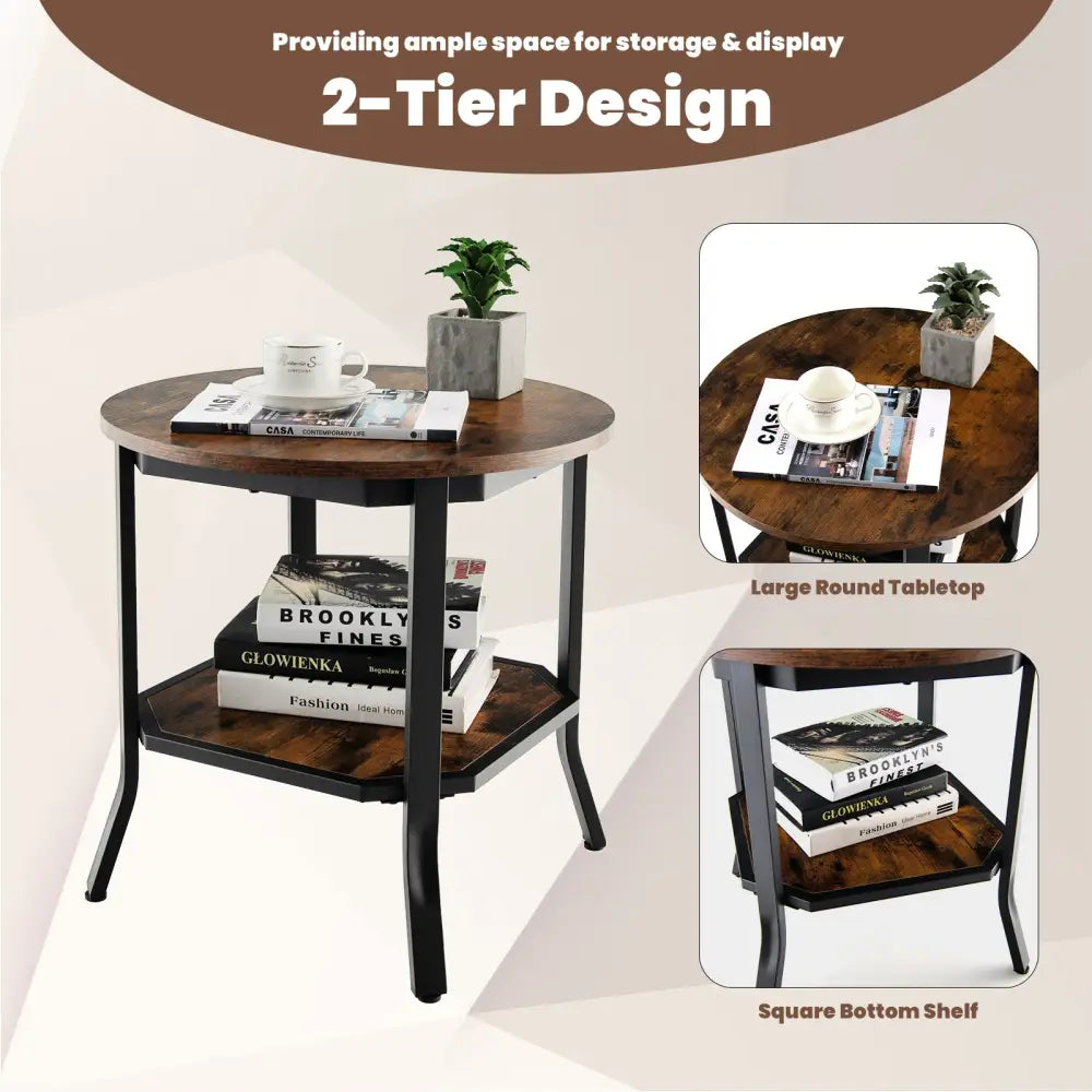 2-Tier Sofa End Side Table Nightstand Round Tabletop for Living Room-Brown - Brown - End & Side Tables