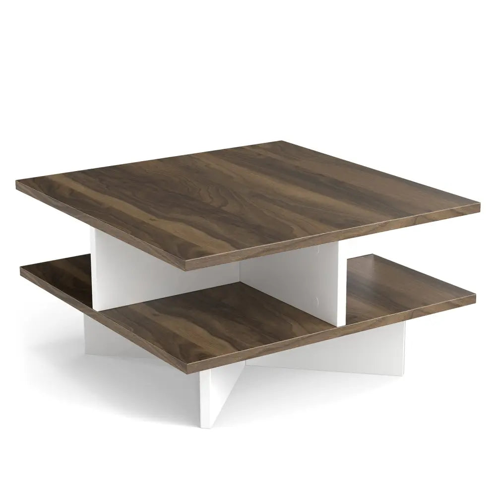 2-Tier Square Coffee Table with 4 Storage Compartments-Walnut Costway