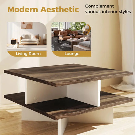 2-Tier Square Coffee Table with 4 Storage Compartments-Walnut Costway