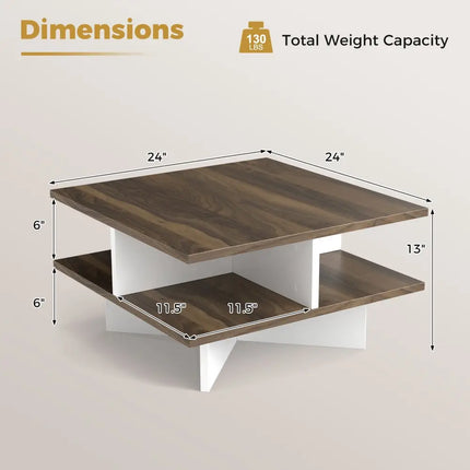 2-Tier Square Coffee Table with 4 Storage Compartments-Walnut Costway