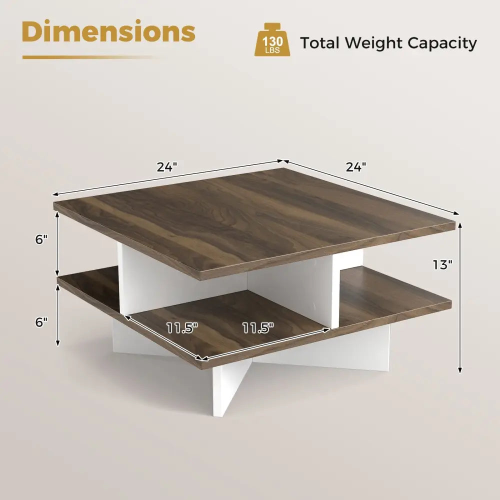 2-Tier Square Coffee Table with 4 Storage Compartments-Walnut Costway