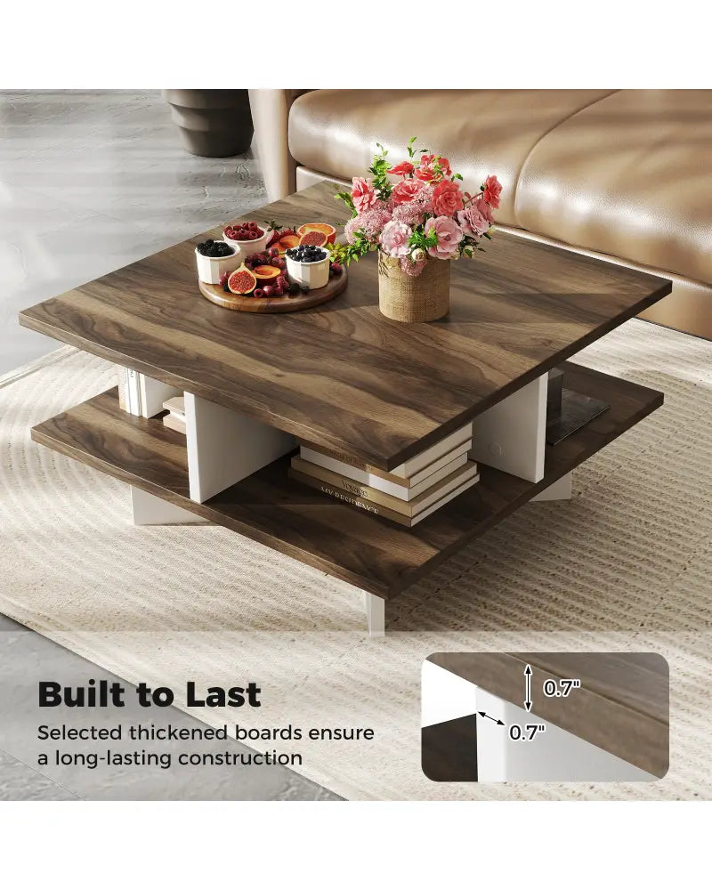 2-Tier Square Coffee Table with 4 Storage Compartments-Walnut - Walnut - Coffee Tables