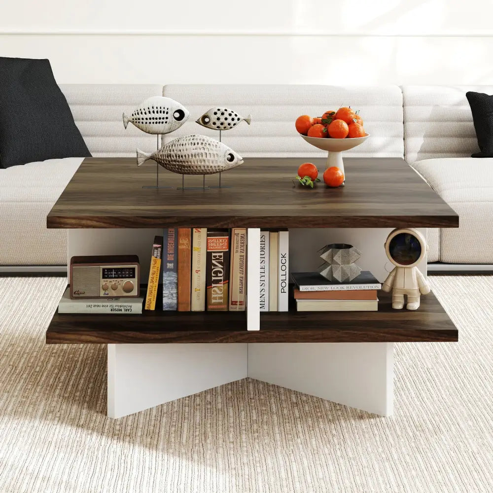 2-Tier Square Coffee Table with 4 Storage Compartments-Walnut Costway
