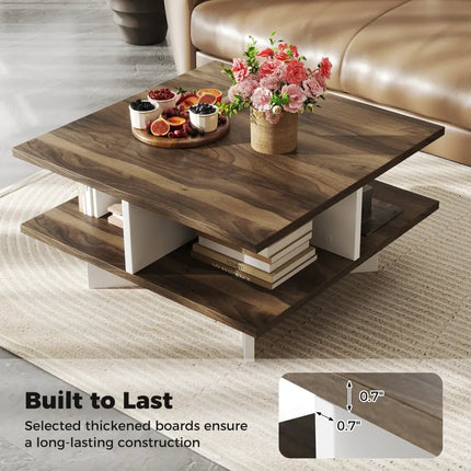 2-Tier Square Coffee Table with 4 Storage Compartments-Walnut Costway