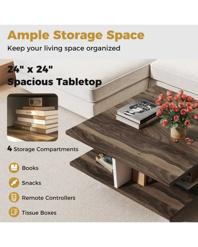 2-Tier Square Coffee Table with 4 Storage Compartments-Walnut - Walnut - Coffee Tables