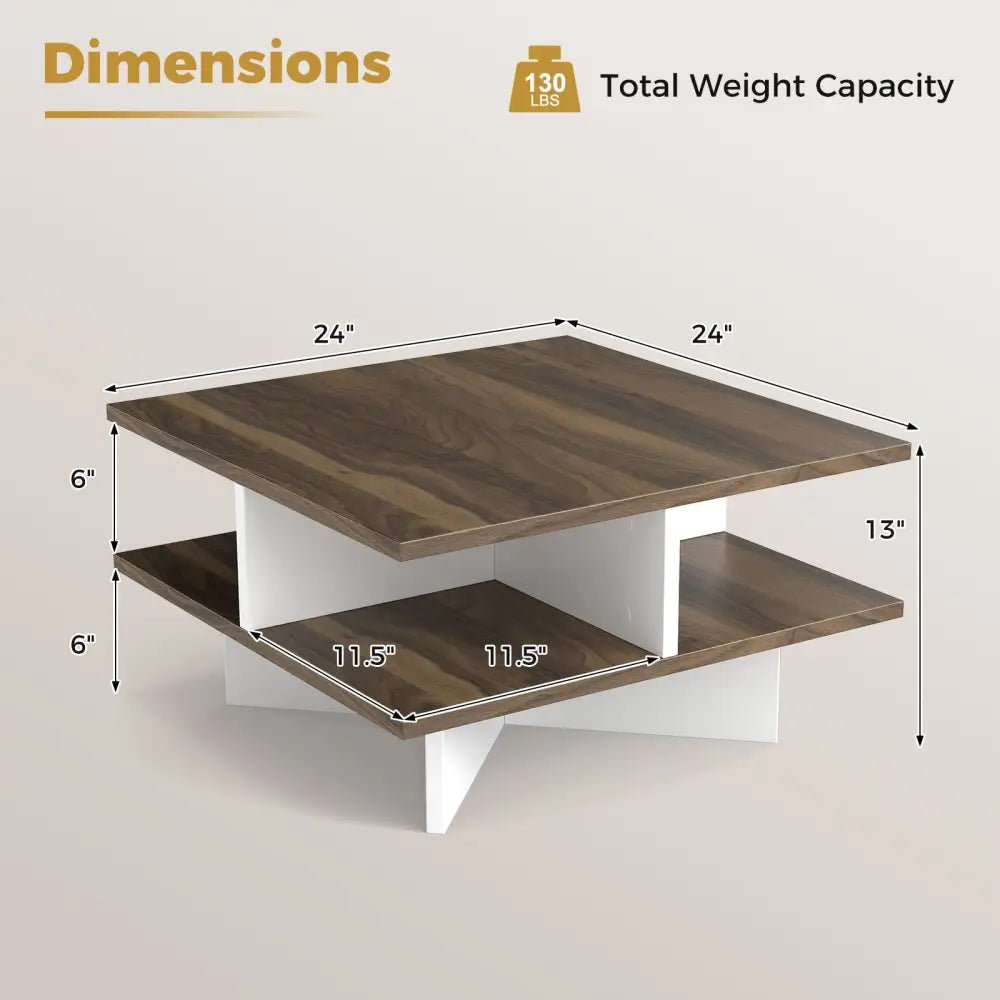 2-Tier Square Coffee Table with 4 Storage Compartments-Walnut - Walnut - Coffee Tables