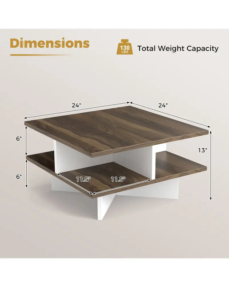 2-Tier Square Coffee Table with 4 Storage Compartments-Walnut - Walnut - Coffee Tables