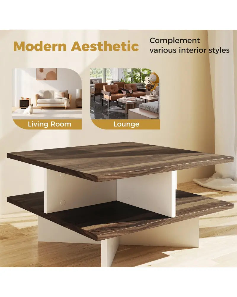 2-Tier Square Coffee Table with 4 Storage Compartments-Walnut - Walnut - Coffee Tables