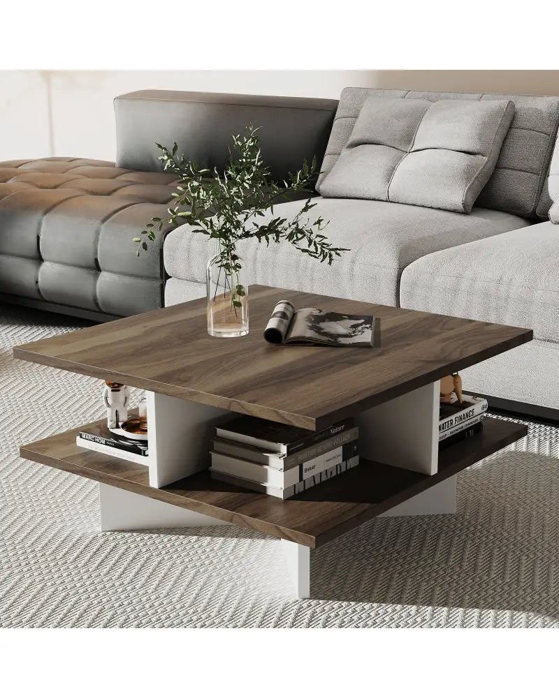 2-Tier Square Coffee Table with 4 Storage Compartments-Walnut - Walnut - Coffee Tables