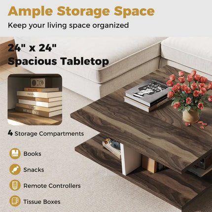 2-Tier Square Coffee Table with 4 Storage Compartments-Walnut Costway