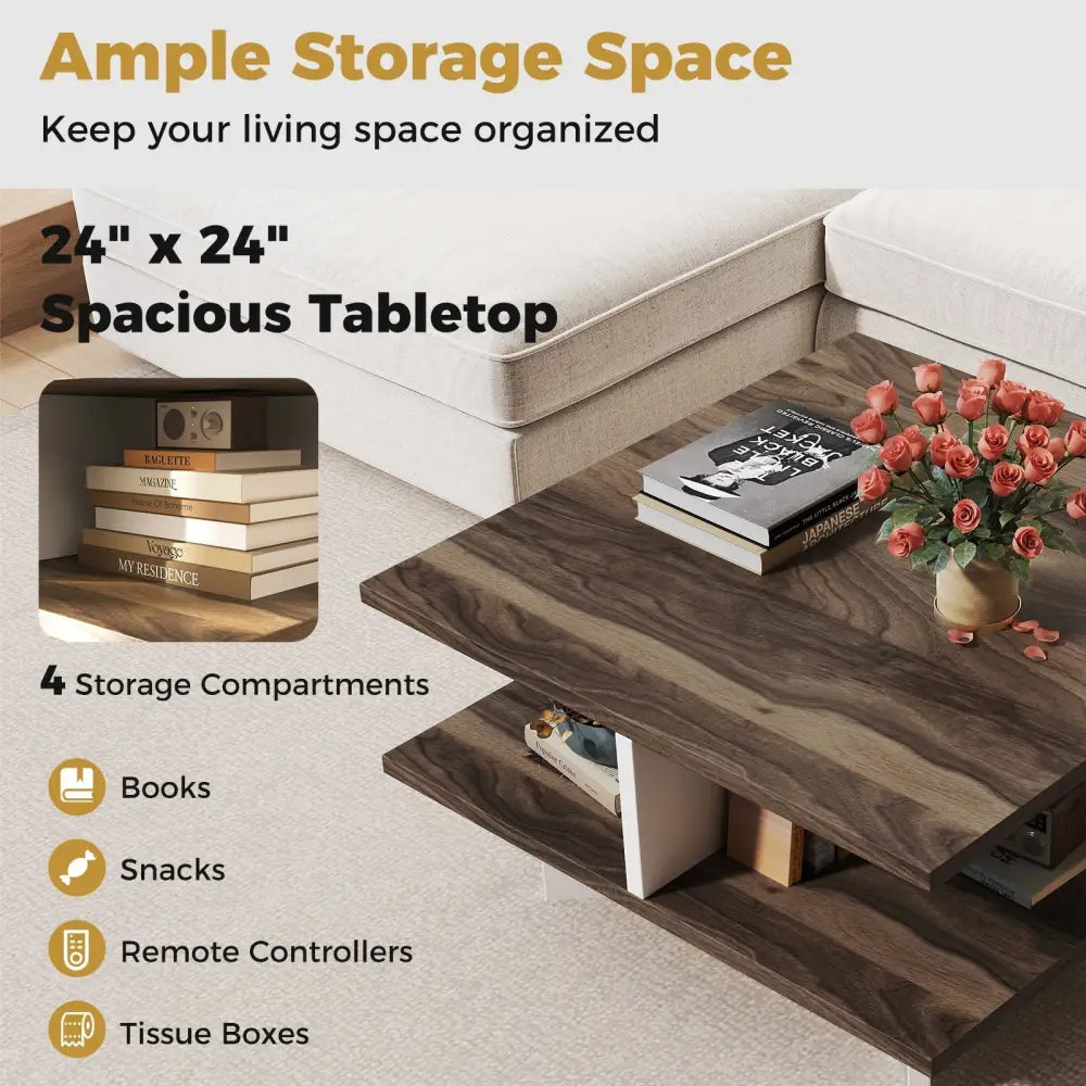2-Tier Square Coffee Table with 4 Storage Compartments-Walnut Costway