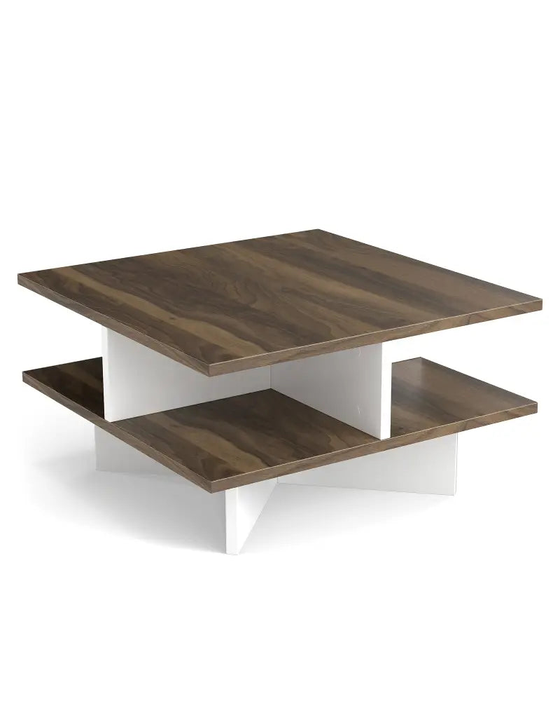 2-Tier Square Coffee Table with 4 Storage Compartments-Walnut - Walnut - Coffee Tables