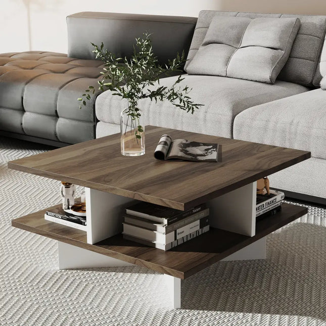 2-Tier Square Coffee Table with 4 Storage Compartments-Walnut Costway